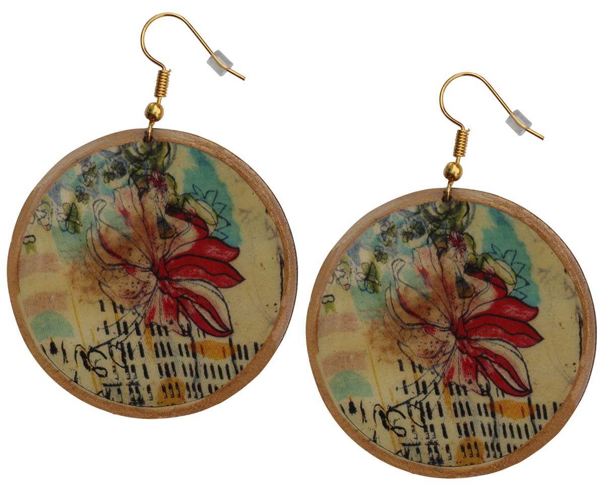 2.5” Pair of Round Hook Earrings in Brass -Soft Floral Pattern - Drop Earrings / Women Fashion Jewelry - Buy in Bulk Wholesale